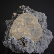 Siderite on Fluorite with Chalcopyrite, Sphalerite etc.