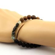 Green rutilated Quartz from Brazil + Matte Black Onyx + wood Bracelet 8 mm Beads.