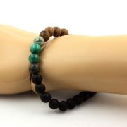 Malachite from Congo + African Turquoise + Matte Black Onyx + Wood Bracelet 8 mm Beads.