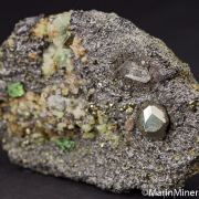 Tsavorite, Pyrite, Quartz, Diopside on Graphite