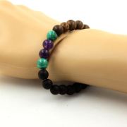 Malachite from Congo + Amethyst + Matte Black Onyx + Wood Bracelet 8 mm Beads.