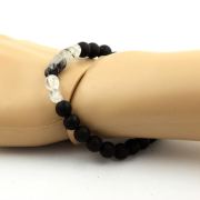 Quartz with Tourmaline inclusions from Brazil + Matte Black Onyx Bracelet 8 mm Beads.