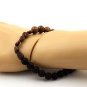 Red tiger's eye from Brazil + Matte black Onyx + wood Bracelet 8 mm Beads.