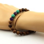 Malachite from Congo + Amethyst + wood Bracelet 8 mm Beads.