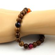 Multicolor banded agate + wood Bracelet 8 mm Beads.