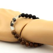 Quartz with Tourmaline inclusions from Brazil + Matte Black Onyx + wood Bracelet 8 mm Beads.