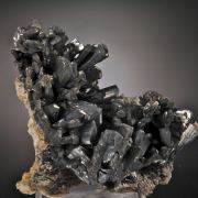 Stibnite - flattened prismatic crystals with Barite, Quartz