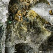Millerite on Quartz with Chalcopyrite, Annabergite