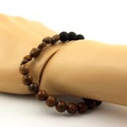 Boulder Opal from Australia + Matte Black Onyx + wood Bracelet 8 mm Beads.