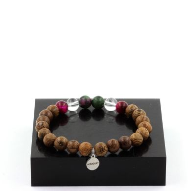 Epidote from Australia + Fuschia Tiger's Eye + Quartz + Wood Bracelet 8 mm Beads.