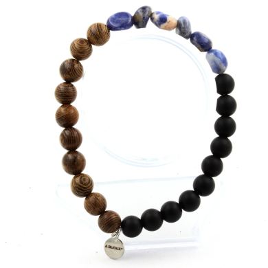 Sodalite from Brazil + Matte black Onyx + wood Bracelet 8 mm Beads.