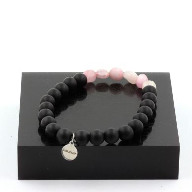 Kunzite from Brazil + Matte Black Onyx + wood Bracelet 8 mm Beads.