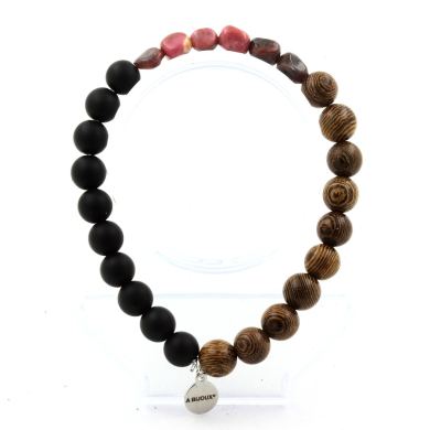 Rhodochrosite from Brazil + Matte Black Onyx + wood Bracelet 8 mm Beads.
