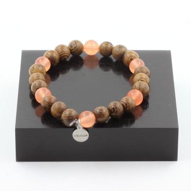 Orange Chalcedony + Wood Bracelet 8 mm Beads.