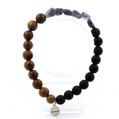 Cordierite Iolite from Madagascar + Matte black Onyx + wood Bracelet 8 mm Beads.