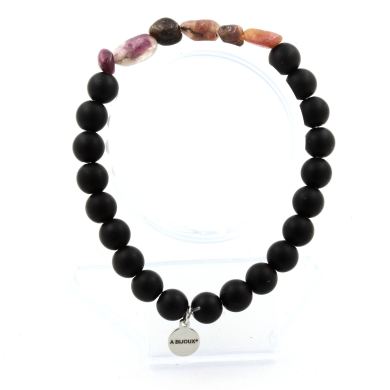 Rubellite Tourmaline from Brazil + Matte black Onyx Bracelet 8 mm Beads.