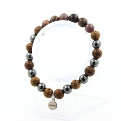 Ruby from Mogok, Burma, Myanmar + Hematite + wood 8 mm beads Bracelet.