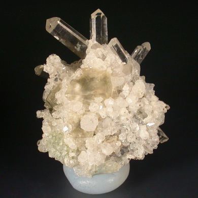 Analcime with Calcite and Prehnite on Quartz