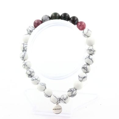 Emerald from Zambia + Lepidolite + Snowflake Obsidian + Howlite Bracelet 8 mm Beads.