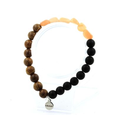 Sunstone from Tanzania + Matte Black Onyx + wood Bracelet 8 mm Beads.