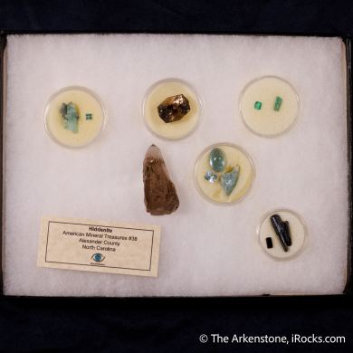 Beryl var. Emerald, Beryl var. Aquamarine, Quartz var. Smoky, Rutile (Rough & Cut set)