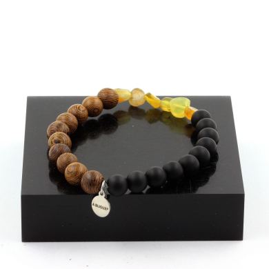 Yellow Opal from Australia + Matte black Onyx + wood Bracelet 8 mm Beads.