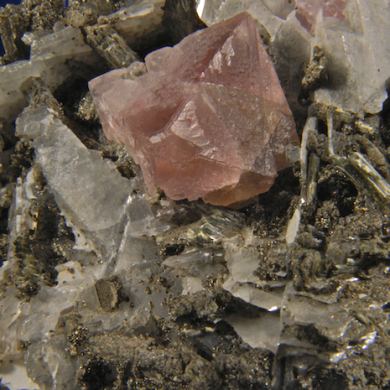 Fluorite (pink octahedral) on Quartz and Calcite with Diopside, Lollingite etc. 