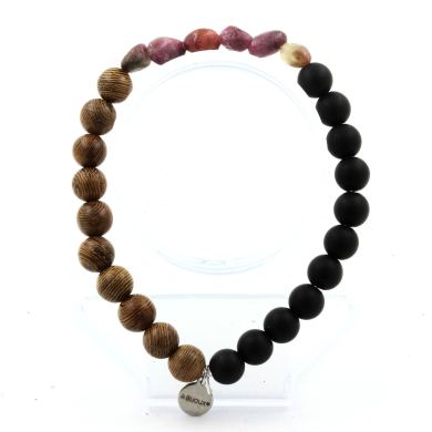 Rubellite Tourmaline from Brazil + Matte black Onyx + wood Bracelet 8 mm Beads.