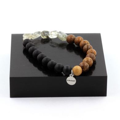 Rutile Tourmaline Quartz from Brazil + Matte Black Onyx + wood Bracelet 8 mm Beads.