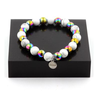 Howlite + Multicolor Hematite Bracelet 8 mm Beads.