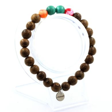 Malachite from Congo + Multicolor cracked Agate + wood Bracelet 8 mm Beads.