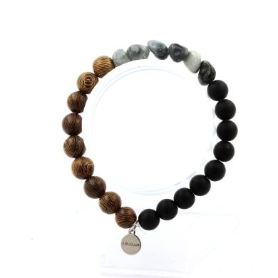 Hawk's Eye from South Africa + Matte Black Onyx + wood Bracelet 8 mm Beads.