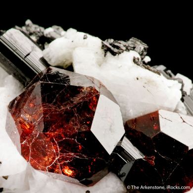 Spessartine Garnet and Schorl on Albite