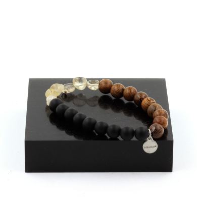 Golden Rutilated Quartz from Brazil + Matte Black Onyx + wood Bracelet 8 mm Beads.