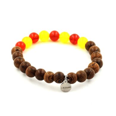 Wood + Yellow Agate + Red Agate Bracelet 8 mm Beads.