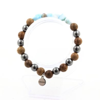 Larimar from the Dominican Republic + Hematite + wood 8 mm beads Bracelet.