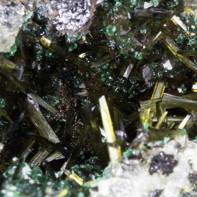 Cornwallite with Olivenite, Goethite, Quartz