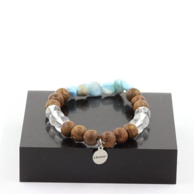 Larimar from Dominican Republic + Quartz + wood 8 mm beads Bracelet.