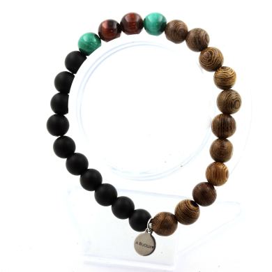 Malachite from Congo + red tiger's eye + Matte Black Onyx + Wood Bracelet 8 mm Beads.