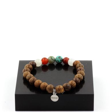Chrysocolla from Namibia + Banded Agate + Moonstone + wood Bracelet 8 mm Beads.