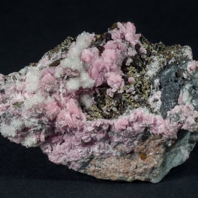 Rhodochrosite with Quartz, Chalcopyrite and Pyrite