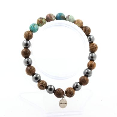 Chrysocolla from Namibia + Hematite + wood 8 mm beads Bracelet.
