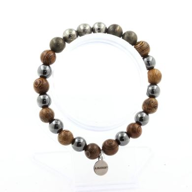 Pyrite from Spain + Hematite + wood 8 mm beads Bracelet.
