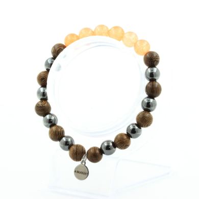 Orange Chalcedony + Hematite + wood 8 mm beads Bracelet.