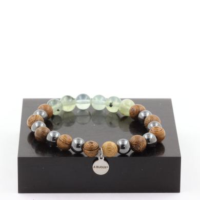 Prehnite from Africa + Hematite + wood 8 mm beads Bracelet.