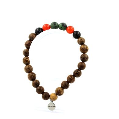 Epidote from Australia + Carnelian from Uruguay + Black Agate + Wood Bracelet 8 mm Beads.