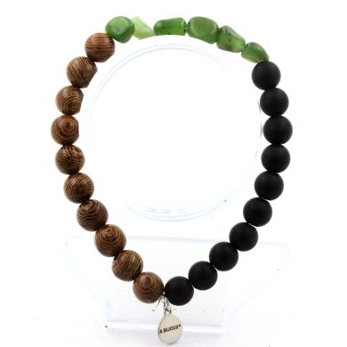 Nephrite Jade from Siberia (Russia) + Matte Black Onyx + wood Bracelet 8 mm Beads.