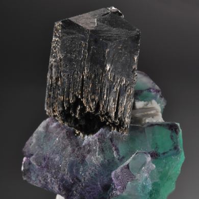 Schorl on Fluorite with Feldspar, Quartz
