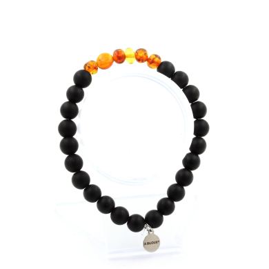 Genuine Baltic Sea Amber + Matte Black Onyx Bracelet 8 mm Beads.