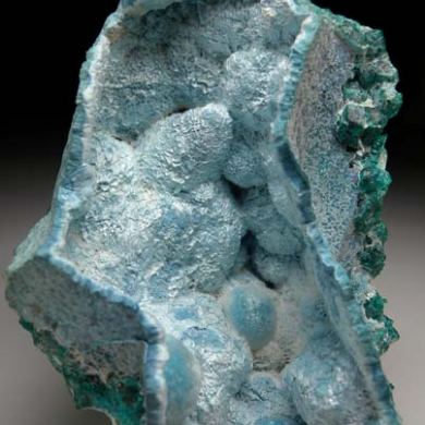 Shattuckite over Dioptase over Calcite